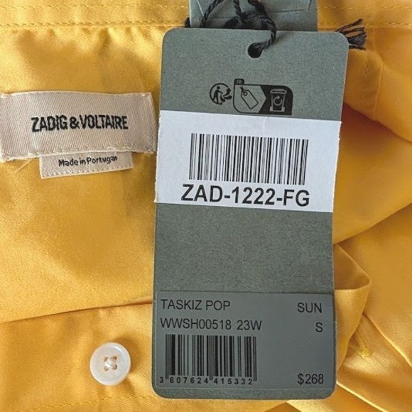 NWT Zadig & Voltaire Taskiz Pop Sun Yellow Cotton Button Down Shirt Size Small - Picture 6 of 10